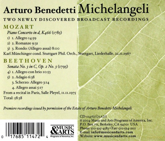 Mozart: Piano Concerto in d, K466, Sonata No. 3 in C, Op. 2 No. 3.: Michelangeli, Arturo Benedetti - piano [CD]