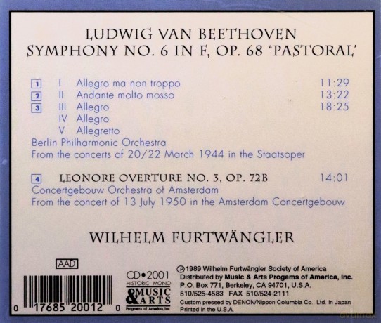 Beethoven: Symphony No. 6, Leonore Overture, No. 3: Furwangler, Wilhelm - conductor, Amsterdam Concertgebouw [CD]