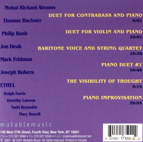 Abrams, Muhal Richard (T. Buckner, P. Bush, J. Deak, M. Feldman, J. Kubera, ETHEL: R. Farris, D. Lawson, T. Reynolds, M. Rowell): The Visibility Of Thought (ecopack) [CD]