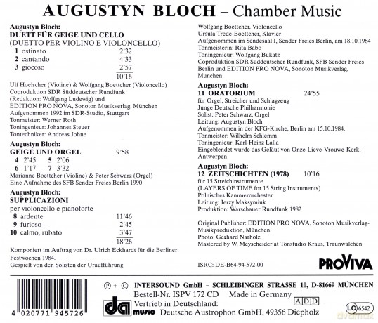 Bloch, Augustyn - Chamber Music: Oratorium, Duet fur Geige und Cello, Geige und Orgel, Supplicazioni, Zeitschichten [CD]