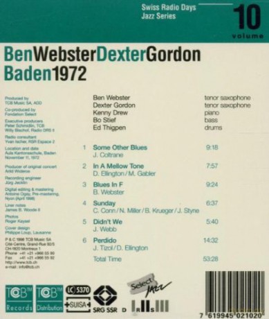 Ben Webster & Dexter Gordon (K. Drew, B. Stief, E. Thigpen): Swiss Radio Days Vol. 10 - Baden 1972 [CD]