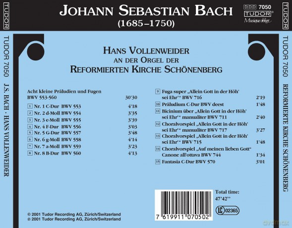 Bach: Orgelwerke der Jugendzeit: Hans Vollenweider an der Orgel der Reformierten Kirche Schönenberg [CD]