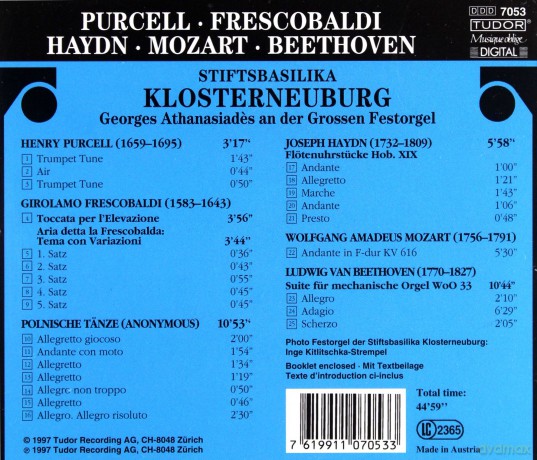 Purcell, Frescobaldi, Haydn, Mozart, Beethoven: Georges Athanasiades an der Grossen Festorgel Stiftsbasilika Klosterneuburg [CD]