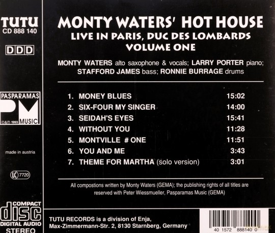 Monty Hot House Waters' (L. Porter, S. James, R. Burrage): Live In Paris, Duc des Lombards, Vol. I [CD]