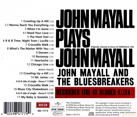 John Mayall's Bluesbreakers: Plays John Mayall (Live At Klooks Kleek) [CD]