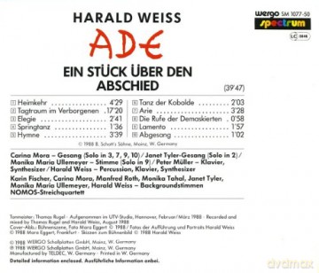 Harald Weiss: Ade (Carina Mora - vocal, Janet Tyler - vocal, Monika Maria Ullemeyer - voice, Peter Muller - piano, synth, Harald Weiss - perc, piano, Nomos Streichquartett) [CD]