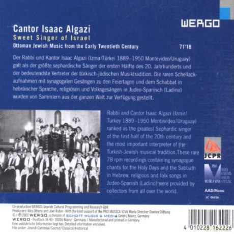 Isaac Algazi: Sweet Singer of Israel; Ottoman Jewish Music from the Early 20th Century [CD]