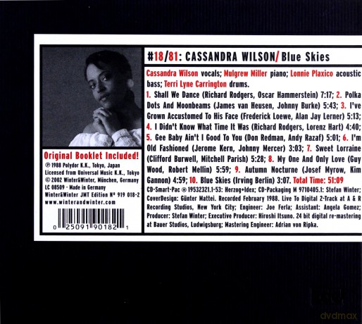 Wilson, Cassandra (M. Miller, L. Plaxico, T.L. Carrington): Blue Skies [CD]