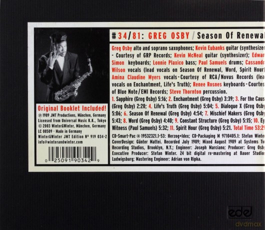 Osby, Greg (K. Eubanks, K. McNeal, E. Simon, L. Plaxico, P. Samuels, C. Wilson, A.C. Myers, R. Rosnes, S. Thornton): Season of Reneval [CD]