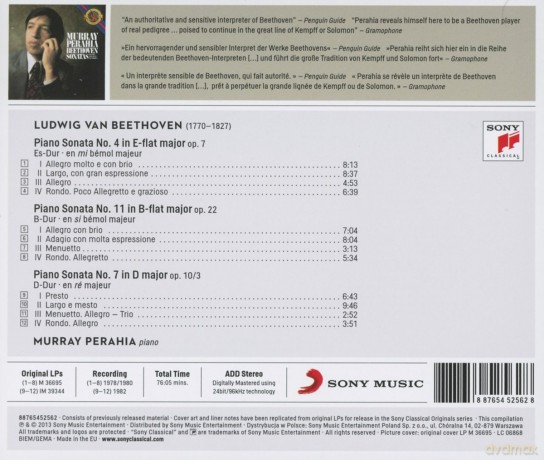 Murray Perahia: Beethoven: Piano Sonatas Nos. 4,11,7 [CD]