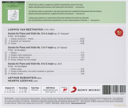 Arthur Rubinstein: Beethoven: Violin Sonatas Nos. 9, 5, 8 [CD]