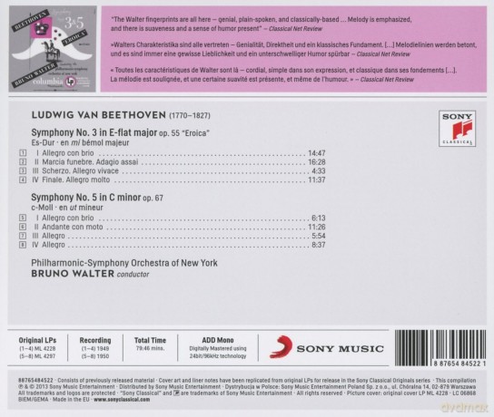 Bruno Walter: Beethoven: Symphony No. 3 In E-Flat Major, Op. 55 Eroica; Symphony No. 5 In C Minor, Op. 67 [CD]