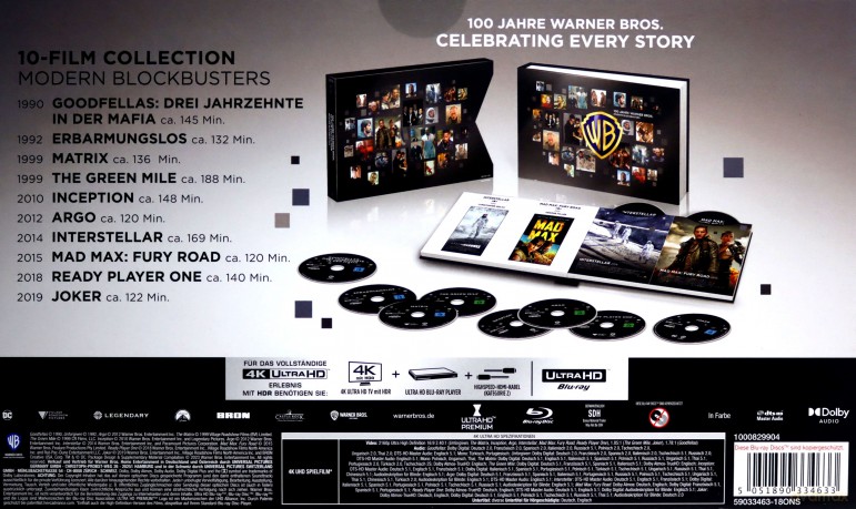 Warner Bros. Modern Blockbusters: Chłopcy z ferajny / Bez przebaczenia / Operacja Argo / Joker / Ready Player One / Interstellar / Mad Max: Fury Road / Incepcja / The Green Mile / Matrix [BOX] [10xBlu-Ray 4K]