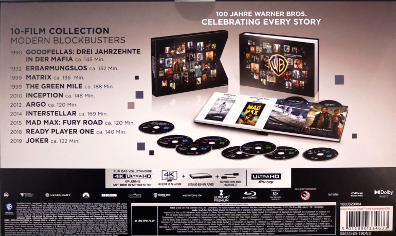 Warner Bros. Modern Blockbusters: Chłopcy z ferajny / Bez przebaczenia / Operacja Argo / Joker / Ready Player One / Interstellar / Mad Max: Fury Road / Incepcja / The Green Mile / Matrix [BOX] [10xBlu-Ray 4K]