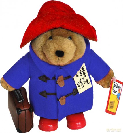 Pluszowy Paddington w niebieskim płaszczyku z walizką i w butach [ZABAWKA]