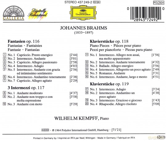 Kempff: Brahms:Fant Op. 116+3 Interm.+ [CD]