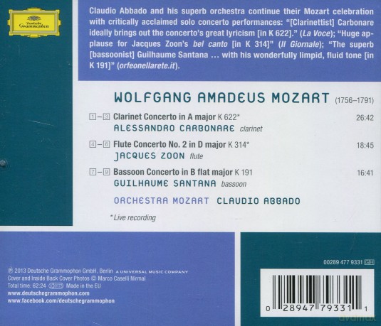 Claudio Abbado: Mozart: Clarinetbasson, Flute, Clarinet Concertos [CD]