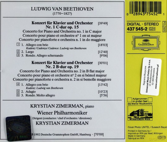 Krystian Zimerman: Beethoven-Piano Concertos 1+2 [CD]