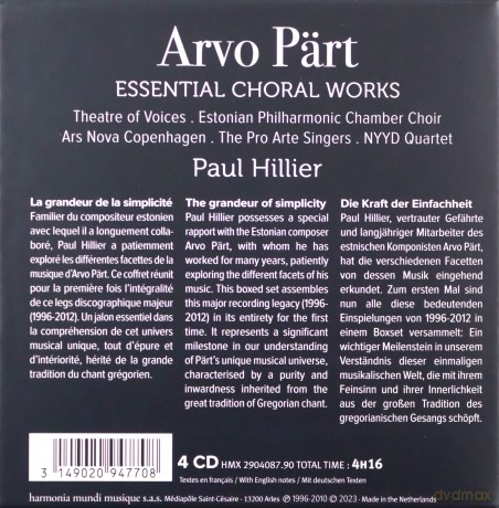 Arvo Part: Essential Choral Works Paul Hillier Theatre of Voices Estonian Philharmonic Chamber Choir Ars Nova Cophenhagen [4CD]