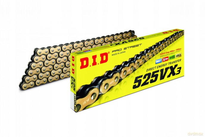 Łańcuch napędowy DID 525 VX3 98 X-Ring G&B otwarty z zakuwką złoty