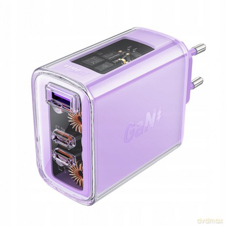 Acefast ładowarka GaN 65W 3 porty (1xUSB, 2xUSB C) fioletowa (A45)