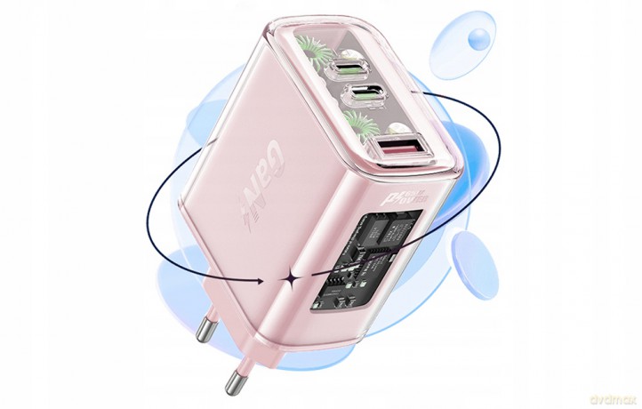 Acefast ładowarka GaN 65W 3 porty (1xUSB, 2xUSB C) różowa (A45)