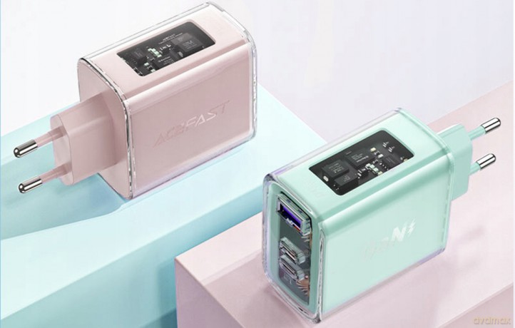 Acefast ładowarka GaN 65W 3 porty (1xUSB, 2xUSB C) różowa (A45)
