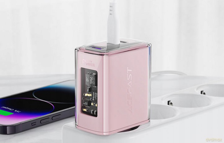 Acefast ładowarka GaN 65W 3 porty (1xUSB, 2xUSB C) różowa (A45)
