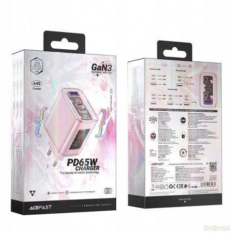 Acefast ładowarka GaN 65W 3 porty (1xUSB, 2xUSB C) różowa (A45)