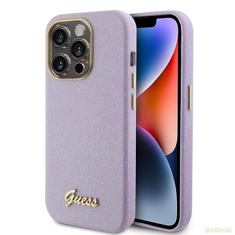 Etui Guess Glitter Glossy Script do iPhone 15 Pro - liliowe
