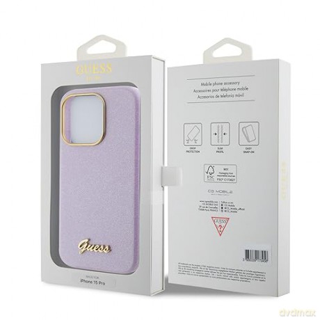 Etui Guess Glitter Glossy Script do iPhone 15 Pro - liliowe