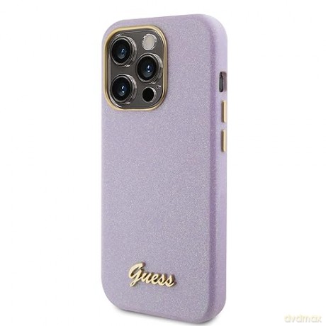 Etui Guess Glitter Glossy Script do iPhone 15 Pro - liliowe