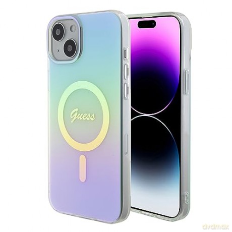 Etui Guess IML Iridescent MagSafe do iPhone 15 Plus - turkusowe