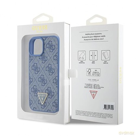 Etui Guess Leather 4G Triangle Strass do iPhone 15 - niebieskie