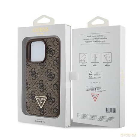 Etui Guess Leather 4G Triangle Strass do iPhone 15 Pro - brązowe
