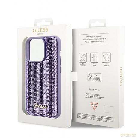 Etui Guess Sequin Script Metal na iPhone 15 Pro - fioletowe