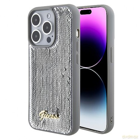 Etui Guess Sequin Script Metal na iPhone 15 Pro Max - srebrne