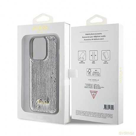 Etui Guess Sequin Script Metal na iPhone 15 Pro Max - srebrne