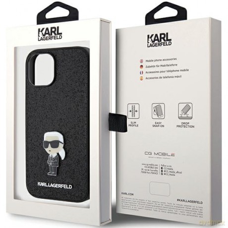 Etui Karl Lagerfeld Fixed Glitter Ikonik Logo Metal Pin do iPhone 15 - czarne