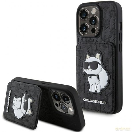 Etui Karl Lagerfeld Saffiano Cardslots and Stand Monogram Choupette do iPhone 15 Pro Max - czarne