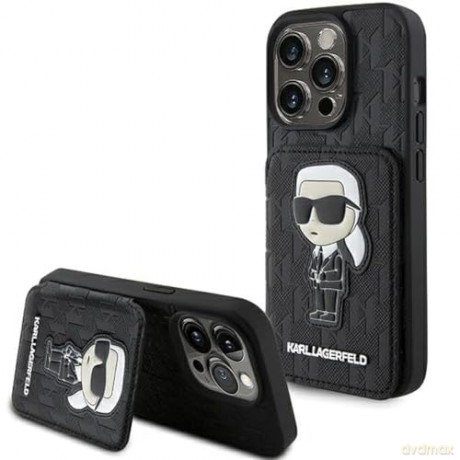 Etui Karl Lagerfeld Saffiano Cardslots and Stand Monogram Ikonik Patch do iPhone 15 Pro Max - czarne