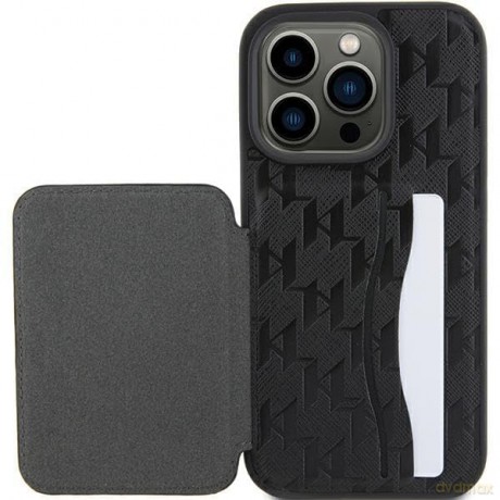 Etui Karl Lagerfeld Saffiano Cardslots and Stand Monogram Ikonik Patch do iPhone 15 Pro Max - czarne