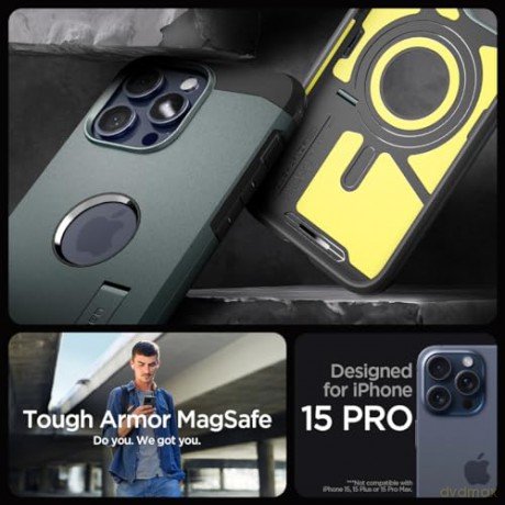 Etui Spigen Tough Armor MagSafe z podstawką do iPhone 15 Pro - zielone