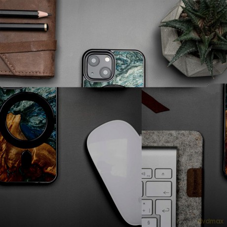 Etui z drewna i żywicy na iPhone 13 Mini MagSafe Bewood Unique Planeta Ziemia - niebiesko-zielone
