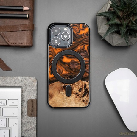 Etui z drewna i żywicy na iPhone 13 Pro MagSafe Bewood Unique Orange - pomarańczowo-czarne