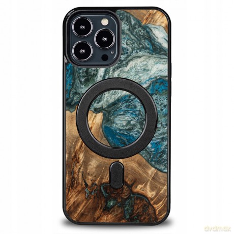 Etui z drewna i żywicy na iPhone 13 Pro Max MagSafe Bewood Unique Planeta Ziemia - niebiesko-zielone