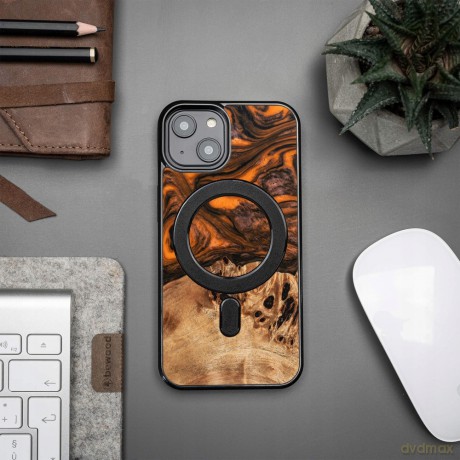 Etui z drewna i żywicy na iPhone 14 MagSafe Bewood Unique Orange - pomarańczowo-czarne