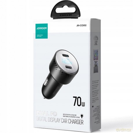 Ładowarka samochodowa 2x USB C 70W z wyświetlaczem LED Joyroom JR-CCD02 - czarna