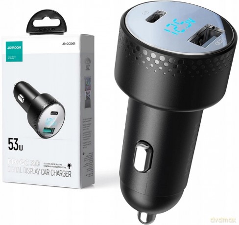 Ładowarka samochodowa z woltomierzem 53W (USB C, USB) Joyroom JR-CCD01 czarna