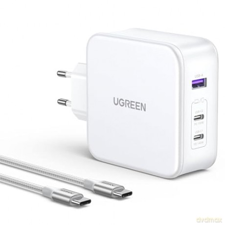 Ładowarka sieciowa GaN Ugreen Nexode CD289 USB-A/2xUSB-C 140W + kabel USB-C - USB-C 1.5m - biała